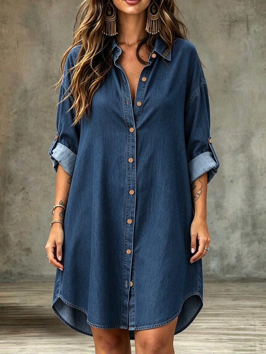 Linhara Spring/Autumn Anti-Denim Fabric Long Casual Shirt, Can Be Worn As Outerwear Or Single Piece, Plus Size Fall - Navy Blue - View 1