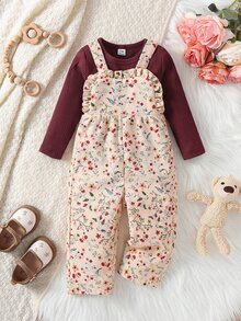 SHEIN Vintaside Kids 2件組幼女吊帶褲套裝，甜美酒紅米色花卉荷葉邊燈芯絨長袖圓領，生日秋季假期芭蕾舒適復古風 - 酒紅色 - 查看 1