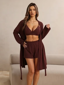 HautHeat Conjunto de ropa de estar en casa para mujer con bata de manga larga de color liso, camisola corta y pantalones cortos - Café integral - Ver 5