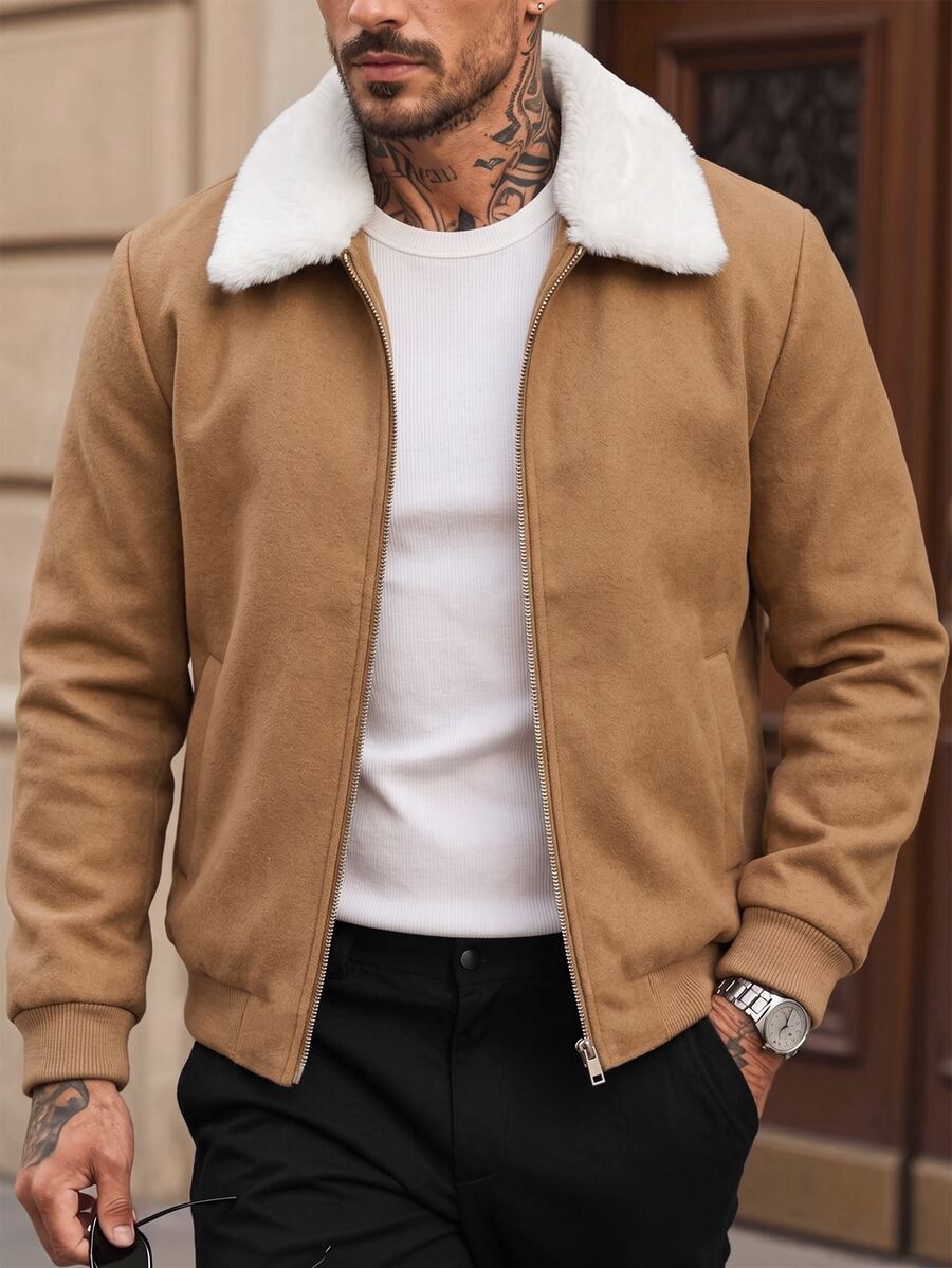 Manfinity Homme Abrigo largo casual de manga larga con bloques de color para uso diario para hombres - Caqui - Ver 1
