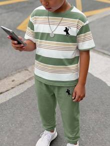 青少年男孩休閒舒適時尚簡約圓領短袖長褲T恤套裝，卡通圖案 - 彩色 - 查看 4