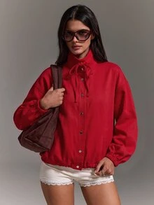 Athîral 女款休閒紅色高領寬鬆夾克外套，適合秋冬、聖誕節、新年 - 紅色 - 查看 1