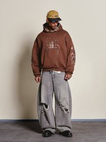 PAVTROS Men's Autumn/Winter Brown Hooded Sweatshirt, Spider Flame Pattern With Plaid Fabric Applique Embroidery, Y2K Christmas & Halloween Gift - Coffee Brown - View 3