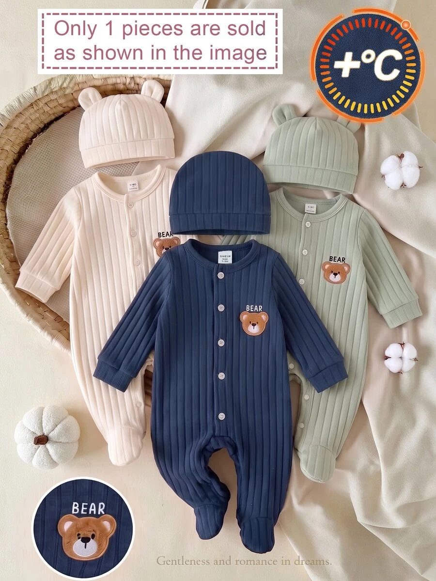 SHEIN Newborn Baby Applique Embroidery Button Romper And Hat Set - Royal Blue - View 1