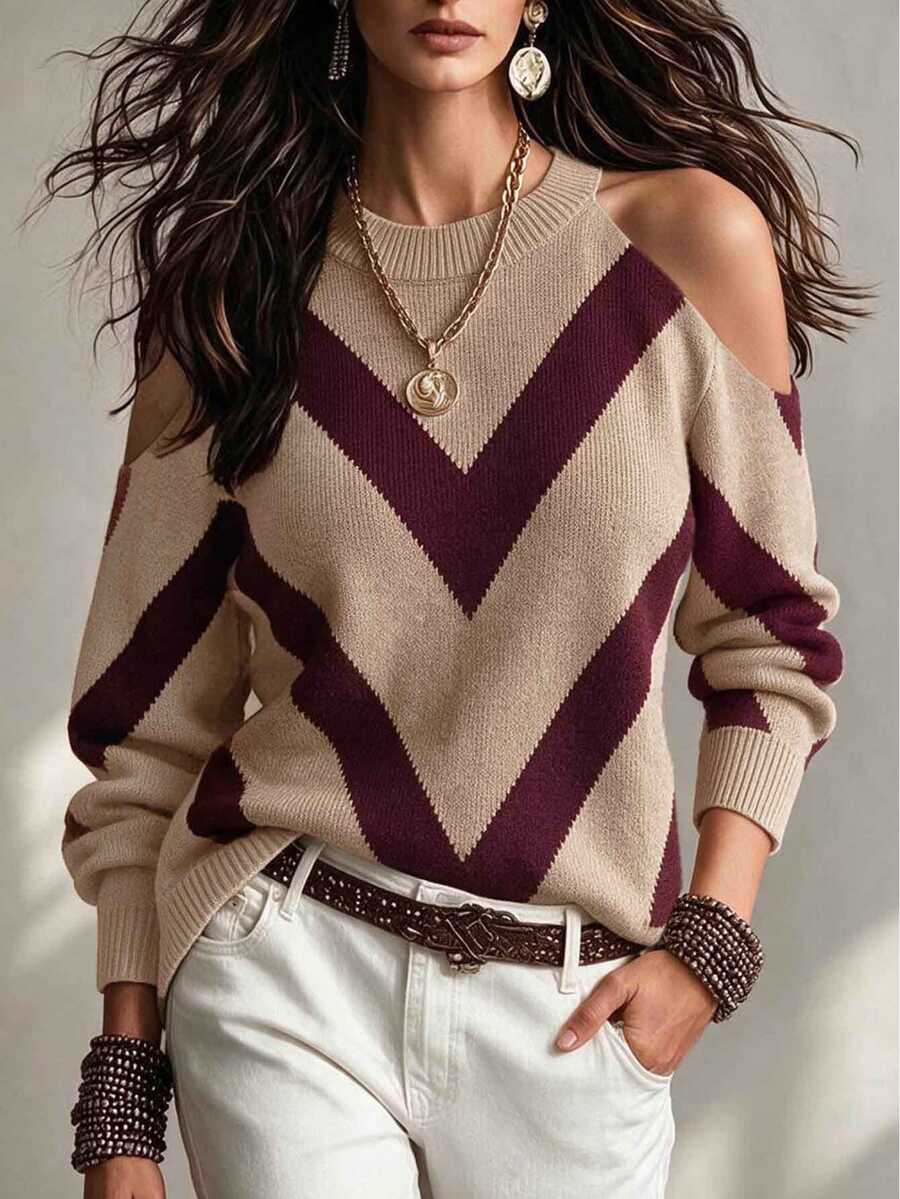 SHEIN Sweater Rajut Longgar Lengan Panjang Model Bahu Terbuka dengan Blok Warna Garis V untuk Wanita - MultiWarna - View 1