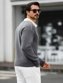 Marcello Vane 歐美新博主風時尚設計成熟休閒男士拼色翻領 Polo 休閒針織上衣，深灰色，適合辦公工作，秋季 - 灰色 - 查看 2