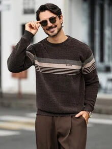 Marcello Vane 男士秋冬字母條紋圓領長袖休閒毛衣 - 棕色 - 查看 4