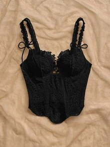 Soleia Women's Hollow Embroidery Front Tie Fashionable Camisole - Black - View 3