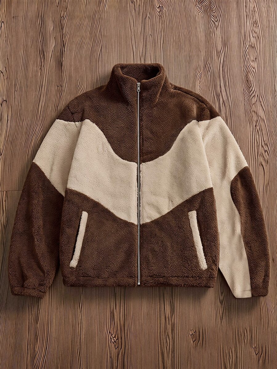 SWAVVY Men's Colorblock Casual Daily Long Sleeve Jacket - Khaki - View 1