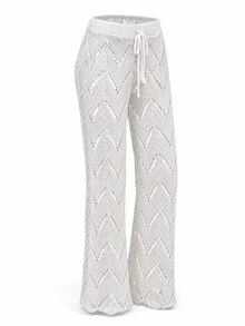 CAJUNI Off-White Knit And Poplin Beach Cover-Up Pants With Waist Tie – Summer, Vacation, Beachwear - White - View 5