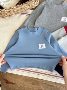 SHEIN 1pc Baby Boy Pullover Sweatshirt Preppy Red Blue Grey Letter Patch Ribbed Patchwork Long Sleeve Mock Neck Thickened Holiday Fall Jogging Cozy Basic - Navy Blue - View 6