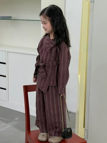 DAZY Young Girl Striped Button Long Sleeve Shirt And Loose Pants Set - Brown - View 2