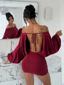 Jeanoix Women's Y2K Sexy Party Dress With Tie-Up Back Design, Loose Sleeves And Bodycon Mini Skirt - Burgundy - View 1
