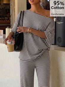 Siren Gaze Women's Striped Cold Shoulder Drop Sleeve T-Shirt And Long Pants Casual Set - Multicolor - View 3