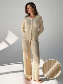DAZY Women's Solid Color Long Sleeve Single-Breasted Top And Pants Pajama Set - Apricot - View 4
