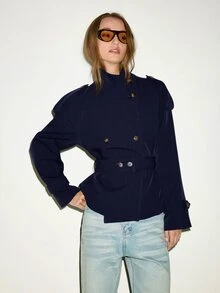 MOTF PREMIUM FRENCH MINIMALIST STAND COLLAR SHORT FITTED WAIST BELTED TRENCH COAT - Navy Blue - View 3