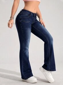 SHEIN PETITE 女款休閒日常牛仔褲，附口袋與鈕扣，秋冬款，適合嬌小女性 - 深色水洗藍 - 查看 6