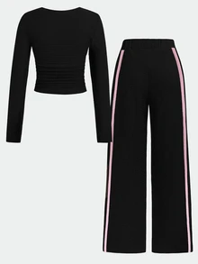 SHEIN Teen Girls Spring Autumn Brown Knitted Textured Fitted Ruched Crew Neck Pink Ribbon Trim Long Sleeve T-Shirt And Wide Leg Pants 2 Pieces Set, - Black - View 5