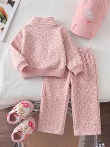 Girls' 2 Pieces Casual Fashion Spring/Autumn/Winter Set, Stand Collar Sweatshirt With Wide Leg Sweatpants, Sweet & Cool Leopard Print, Soft Fabric - Multicolor - View 2