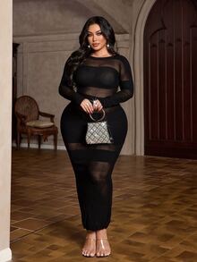 NU&NOW Women's Plus Size Mesh Patchwork Sheer Sexy Dress - Black - View 4