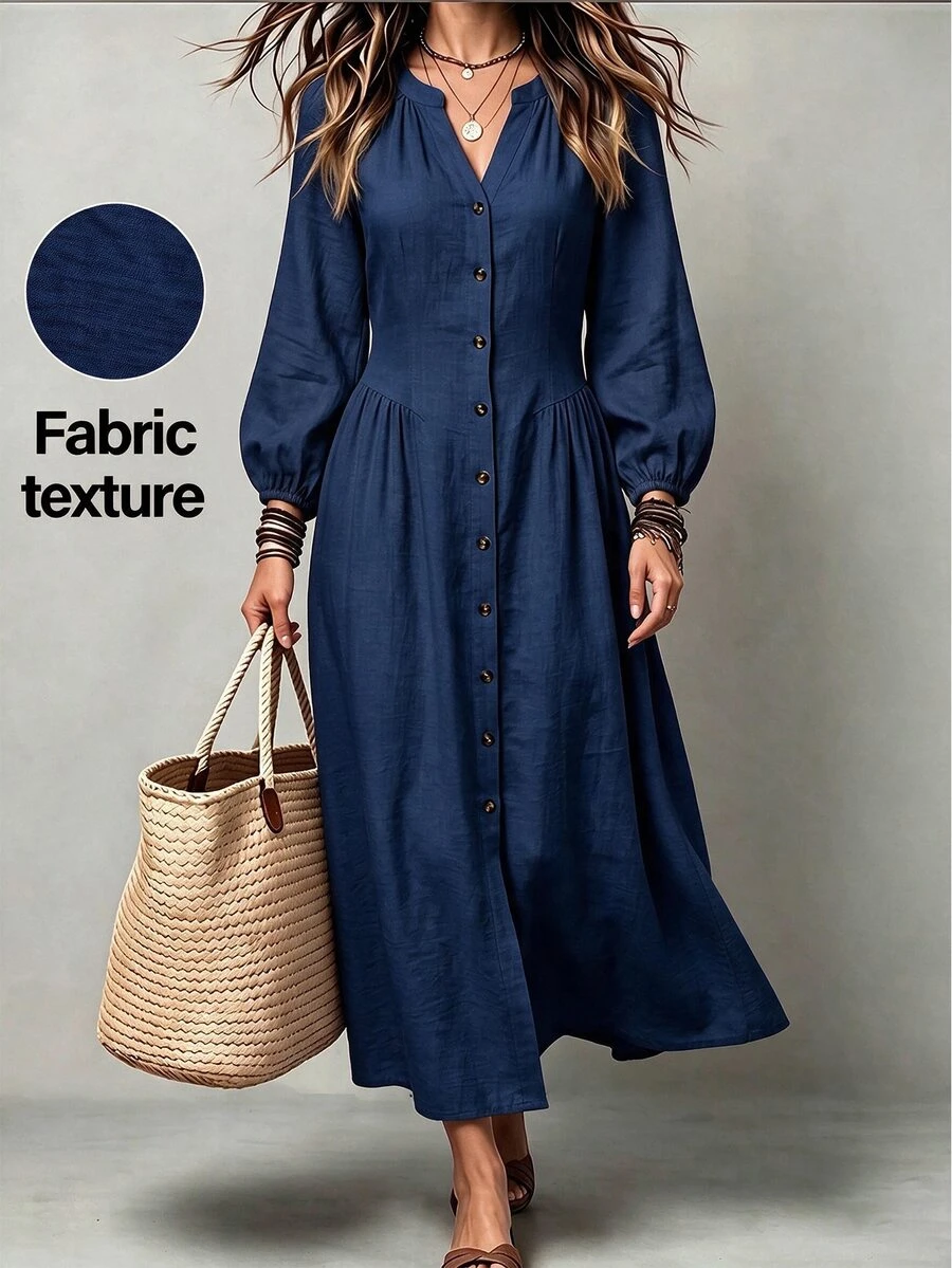 Linhara CURVE Plus Size V-Neck Casual Lantern Sleeve 3/4 Sleeve Button Front Umbrella Hem Ruched Dress - Blue - View 1