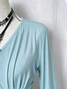 Elamini Autumn Fashion Solid Color Bell Sleeve Ruched Waist T-Shirt - Mint Blue - View 5