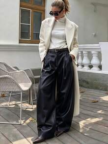 SHEIN Elenzya New Knitted Elastic Leather High Waist Back Elastic Waist Slanted Pocket Wide Leg Design Versatile Fashion Daily Commute Women's Long Pants - Black - View 5