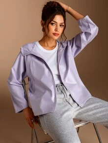 SHEIN BASICS جاكيت سوفت شيل نسائي بلون موحد كاجوال متعدد الاستخدامات للخارج - ارجواني فاتح - مشاهدة 1