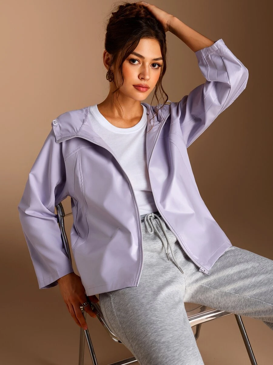 SHEIN BASICS جاكيت سوفت شيل نسائي بلون موحد كاجوال متعدد الاستخدامات للخارج - ارجواني فاتح - مشاهدة 1