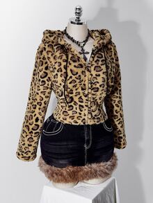 SHEIN ICON Women's Plus Size Leopard Print Flannel Hooded Sweatshirt - Brown - View 10