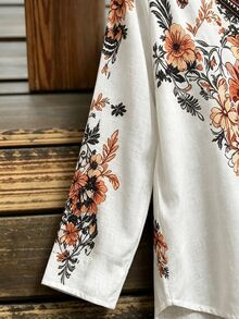 SHEIN LUNE 大尺碼女款刺繡缺口V領捲袖休閒襯衫 秋季 - 彩色 - 查看 4