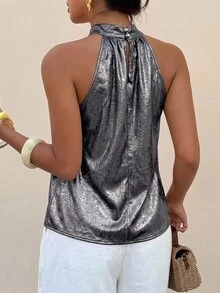 Lavishia 女款浪漫海灘度假穿搭，優雅金色夏季性感時尚派對之夜金屬塗層露背掛脖香檳色亮片上衣 - 銀色 - 查看 2