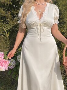 SHEIN MOD Plus Size Elegant Lace Patchwork Tie-Up Dress - Apricot - View 5