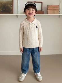Dazy Kids Boys (Small) Turn-Down Collar POLO Neck Fitted Long Sleeve Autumn Sweater - Beige - View 6