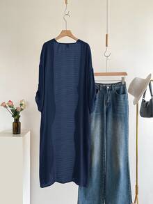 SHEIN Tall CURVE 大尺碼女款秋冬辦公晚餐外出長款開襟黑色大衣，商務休閒風 - 藏蓝色 - 查看 7