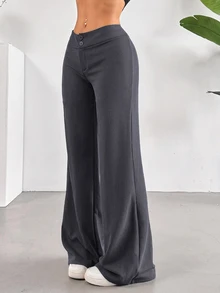 SHEIN Tall CURVE 大尺碼女款純色腰部鈕扣設計寬腿長褲 - 深灰色 - 查看 5