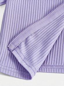 SHEIN Tween Girl 紫色羅紋針織運動服套裝 拇指孔立領長袖開襟衫 + 喇叭褲 2件套穿搭 - 紫色 - 查看 6