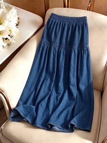 Rivivi Women's Street Style Elastic Waist Washed Wrinkled Long Denim Skirt - Medium Wash - View 5