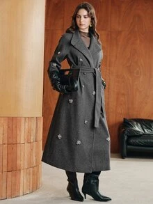 Anewsta Autumn/Winter Luxury French Handmade Rhinestone Embellished Lapel Grey Long Wool Coat For Women - Grey - View 6
