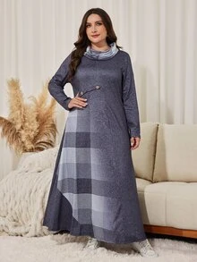 Lacomfia Women's Elegant Ruched Neck Patchwork Floral & Plaid Print A-Line Plus Size Long Sleeve Casual Dress - Grey - View 5