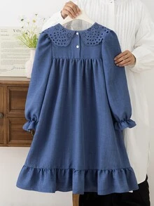 SHEIN Vintaside Kids 少女棕色溫柔風極簡花卉印花長袖套頭洋裝，寬鬆版型，優雅大方，適合外出與購物 - 藍色 - 查看 2