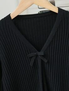 SHEIN 少女純色V領休閒日常開襟衫 - 黑色 - 查看 5