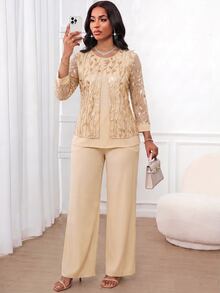 SHEIN Lady 女款圓領花卉印花網紗拼接上衣與長褲休閒優雅日常兩件套，黑色秋季婚禮晚宴正式穿著 - 杏色 - 查看 7