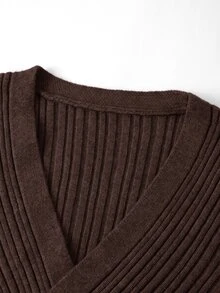 SHEIN Clasi Cross V-Neck Sweater And Mermaid Knit Skirt Set - Coffee Brown - View 7