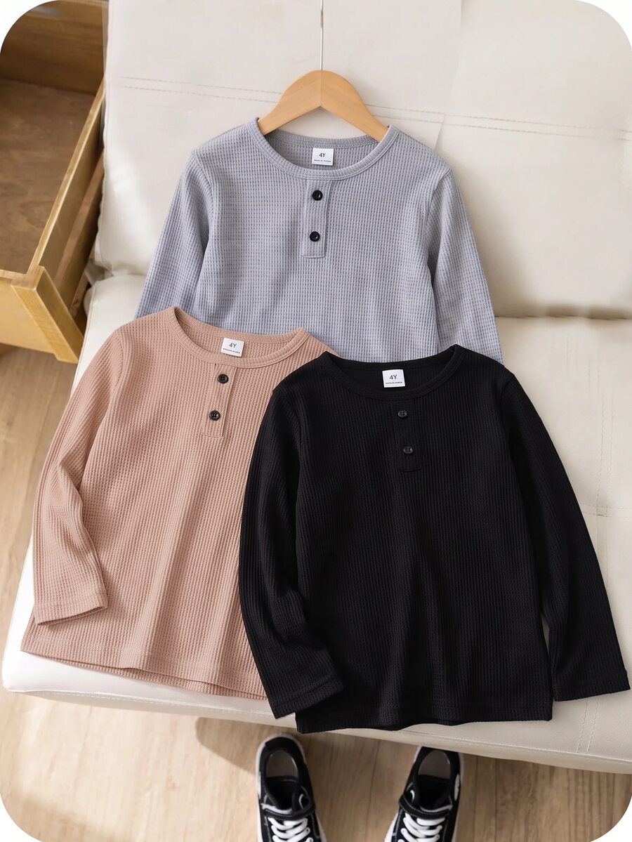SHEIN 3件組兒童男童休閒舒適風紋理布料木紋細節鈕扣 Polo 衫圓領長袖 T-shirt 多色 - 彩色 - 查看 1
