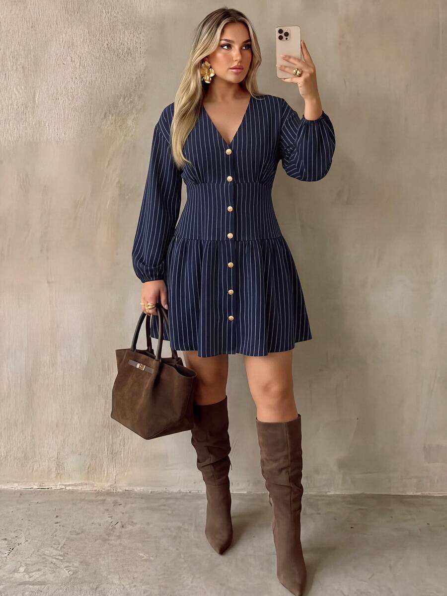 Auralis Autumn V-Neck Blue Striped Plus Size Waist-Cinching A-Line Mini Dress Metal Button Row Decor Vintage 1920s Elegant Teachers' Day Office Formal Fall - Multicolor - View 1