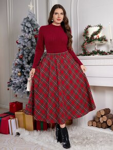 SHEIN Clasi Plus Size Women Solid Color Long Sleeve T-Shirt And Plaid Skirt Elegant 2 Pieces Set - Burgundy - View 5