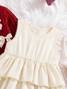 SHEIN Bộ váy sát nách cho bé gái kèm áo cardigan len đan nơ dễ thương và gấu bèo nhún - Đỏ - Xem 7