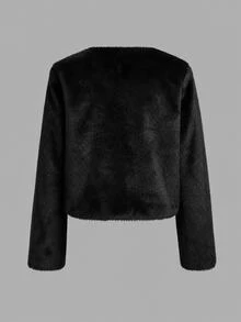 SHEIN Teen Girl Minimalist Faux Fur Jacket, Suitable For Party And Outdoor Wear, Autumn/Winter - Black - View 5