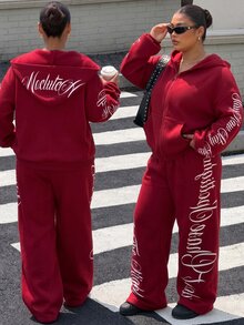 Muchica Plus Size Women's Letter Print Zip-Up Hoodie And Sweatpants Casual 2 Pieces Set - Burgundy - View 1